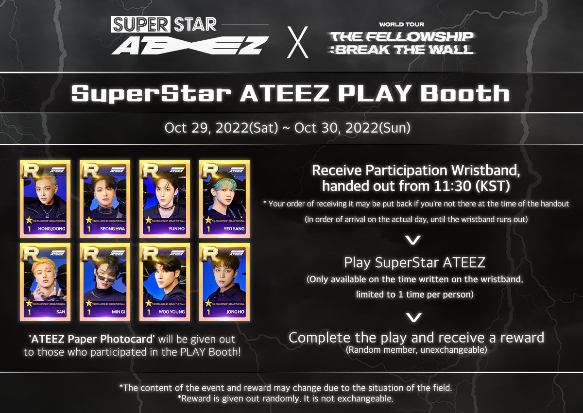 SuperStarATEEZ's tweet photo. #SuperStarATEEZ #SSATZ #PLAYBooth #MissionBooth

​#SSATZ will be there at the ATEEZ WORLD TOUR [THE FELLOWSHIP : BREAK THE WALL] IN SEOUL venue!

If you hope to participate in the PLAY/Mission Confirmation Booth where various rewards await, check the notice! https://t.co/Tn9j5ISAYR