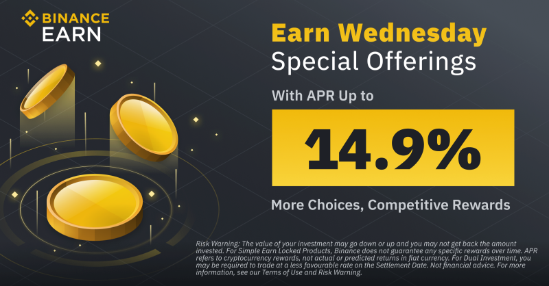 binance's tweet photo. It's that time of week again ⏰ Enjoy new rewarding offers each Wednesday across Savings, Staking and more with #Binance Earn!