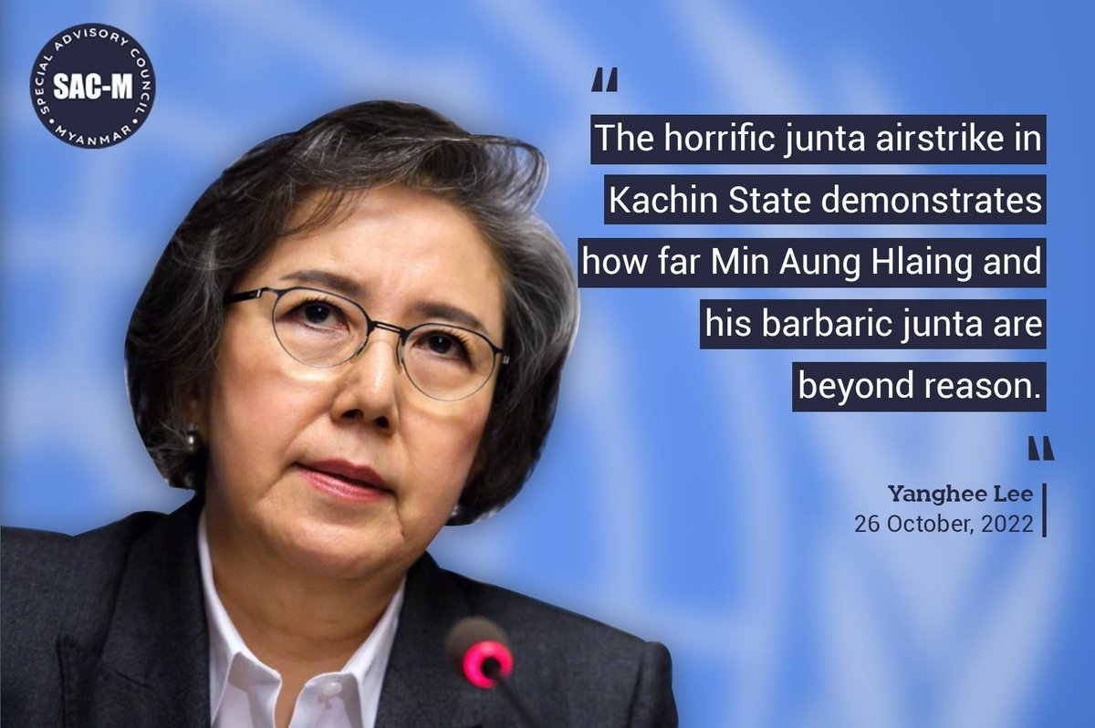 SpecialCouncil's tweet photo. The junta airstrike on a music concert in #Kachin State held to celebrate the anniversary of 62nd (KIO) Day was done knowing it would likely cause catastrophic loss of life, "an act that constitutes a war crime," said @YangheeLeeSKKU of SAC-M. 1/ #WhatsHappeningInMyanmar https://t.co/A5mfO2VOaI