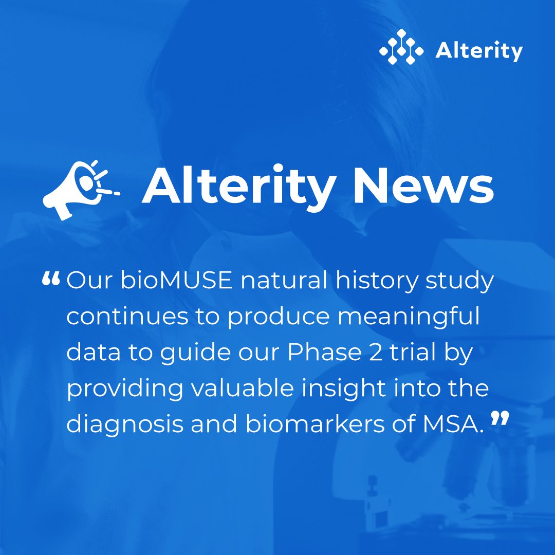 AlterityT's tweet photo. The latest data from the #bioMUSE Natural History Study has been presented in a poster session at the American Neurological Association Annual Meeting.
Read more: https://t.co/doMphkuYTx
#AlterityTherapeutics #MSA #MultipleSystemAtrophy https://t.co/uY0zzKzukb