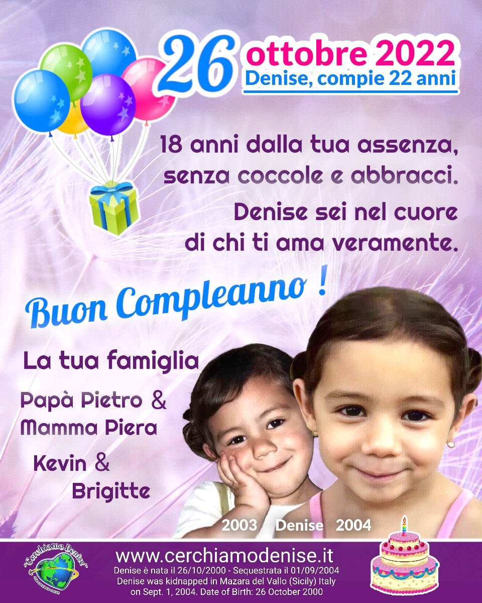 MissingDeniseMp's tweet photo. 18 anni dalla tua assenza, senza coccole e abbracci. 💔
Denise sei nel cuore di chi ti ama veramente.
Buon Compleanno ovunque tu sia 🎂

La tua famiglia
Papà Pietro &amp; Mamma Piera 
Kevin &amp; Brigitte

https://t.co/Unzk1M8o3a 
#MissingDenise #DenisePipitone #BuonCompleanno #Italia https://t.co/9HYjwgdCIg