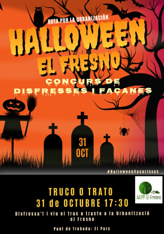 aappelfresno's tweet photo. #Vacarisses #ElFresno #halloween2022  #HalloweenVacarisses 💀💀💀💀🎃🎃🎃🎃 31 d'Octubre 17:30 Punt de Trobada: Parc de El Fresno. Rúa de "Truco o Trato" pels carrers d'El Fresno. 
Pasaremos por todas las casas pidiendo truco trato!!👻👻🍬🍭💀😈🎃 https://t.co/LmqwzVTadC