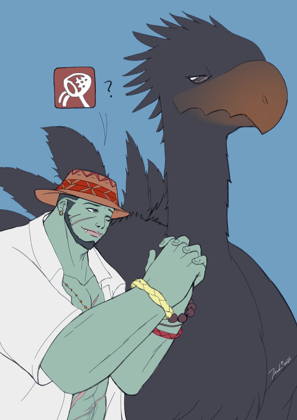 A digital drawing of a player-created Roegadyn performing the pretty-please emote on a black Chocobo with a capture icon and question mark, from the video game Final Fantasy XIV.