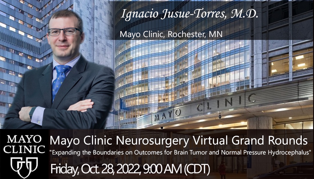 BernardBendokMD's tweet photo. This  Friday at 10AM EST:  Mayo Clinic Neurosurgery and Neuroscience Virtual Grand Rounds featuring Dr. Ignacio Jusue-Torres: “Expanding the Boundaries on Outcomes for Brain Tumors and Normal Pressure Hydrocephalus”. To attend: https://t.co/BbMawpsxqA #MayoClinic https://t.co/X1DtA4uJi4