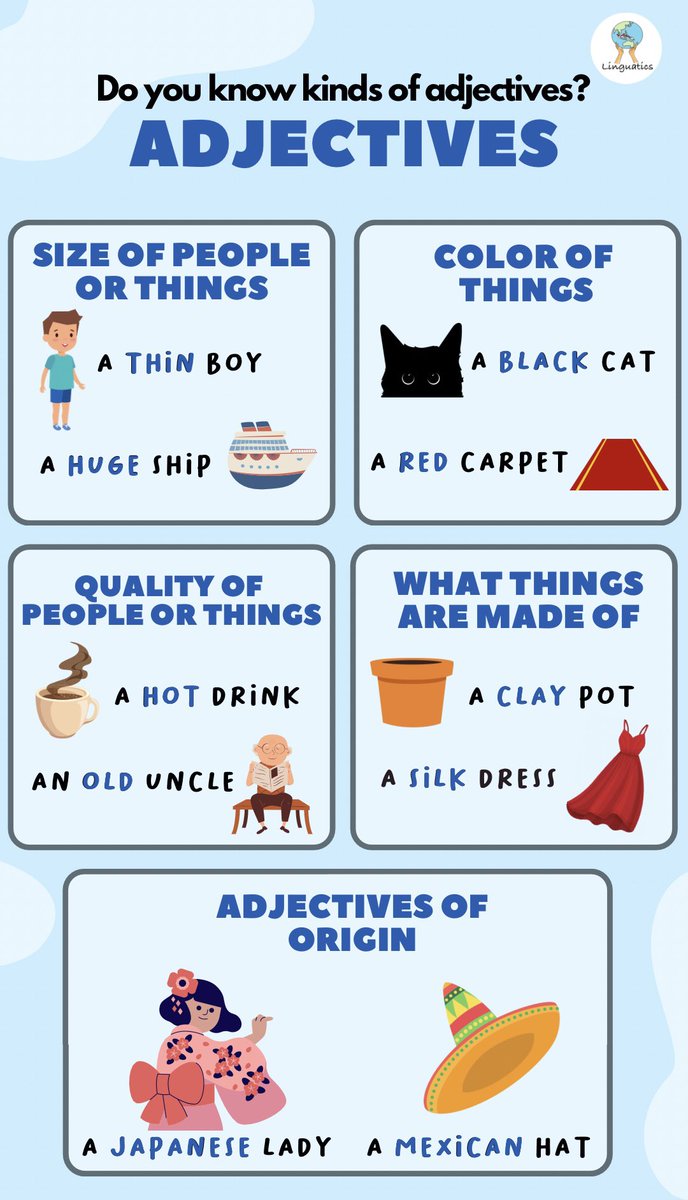linguaticians's tweet photo. Hi Linguaticians✨❤️!
Kalian tau nggak sih adjectives dalam bahasa Inggris itu ada apa aja?
Yuk kita simak penjelasan berikut ini
Happy learning!
#learningenglish #englishgrammar #english #partofspeech https://t.co/z0Logl4ZLy
