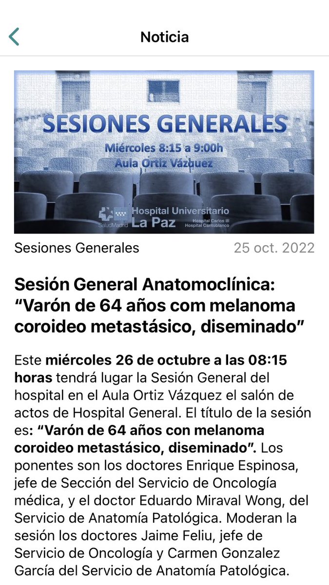 HULPazPatologia's tweet photo. Buenos días #pathlovers,
Hoy a las 8:15h el Dr. Eduardo Miraval expone esta Sesión General tan interesante sobre un caso de #Melanomacoroideo metastásico diseminado #dermapath
Recordamos a los trabajadores de #HULP que pueden verla en el Aula Ortíz Vázquez o a través de la app https://t.co/xvGIFesk5q