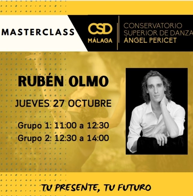 CSDanzaMalaga's tweet photo. Abrimos ciclo de masterclass esta semana con grandes ponentes!!! Mañana Rubén Olmo, gracias a un acuerdo de colaboración del CSD "Ángel Pericet" con "Málaga Procultura" en el ciclo "Málaga Danza 2022". Un honor recibir a una figura de su talla! Bienvenido!
#rubenolmo #csdanza https://t.co/ik4G12Btbo