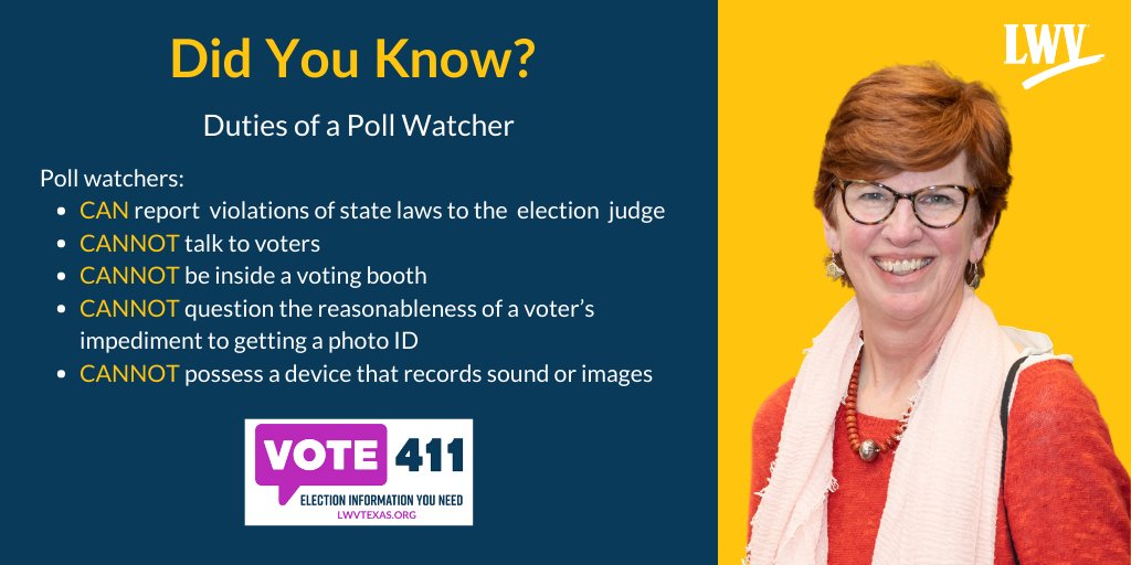 HaysCo_LWV's tweet photo. Did you know that you can become a ๐ฉ๐จ๐ฅ๐ฅ ๐ฐ๐๐ญ๐๐ก๐๐ซ? But poll watchers must adhere to a particular set of standards listed here.
Sign up to be a poll watcher here:
https://t.co/QOlelvF5M0
#electionprotection #elections #workelections #pollwatchers #votetx #vote https://t.co/O8d2nra9x8