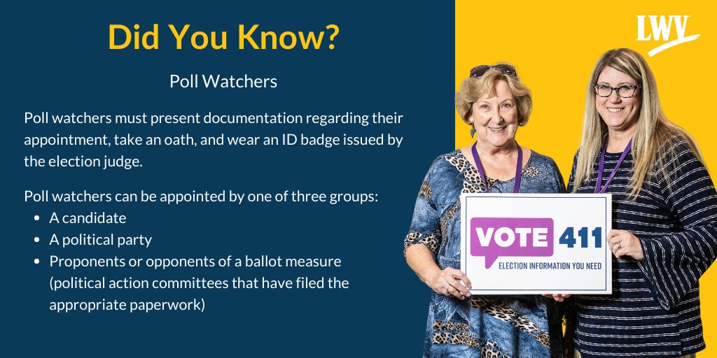 HaysCo_LWV's tweet photo. Did you know that you can become a ๐ฉ๐จ๐ฅ๐ฅ ๐ฐ๐๐ญ๐๐ก๐๐ซ? But poll watchers must adhere to a particular set of standards listed here.
Sign up to be a poll watcher here:
https://t.co/QOlelvF5M0
#electionprotection #elections #workelections #pollwatchers #votetx #vote https://t.co/O8d2nra9x8