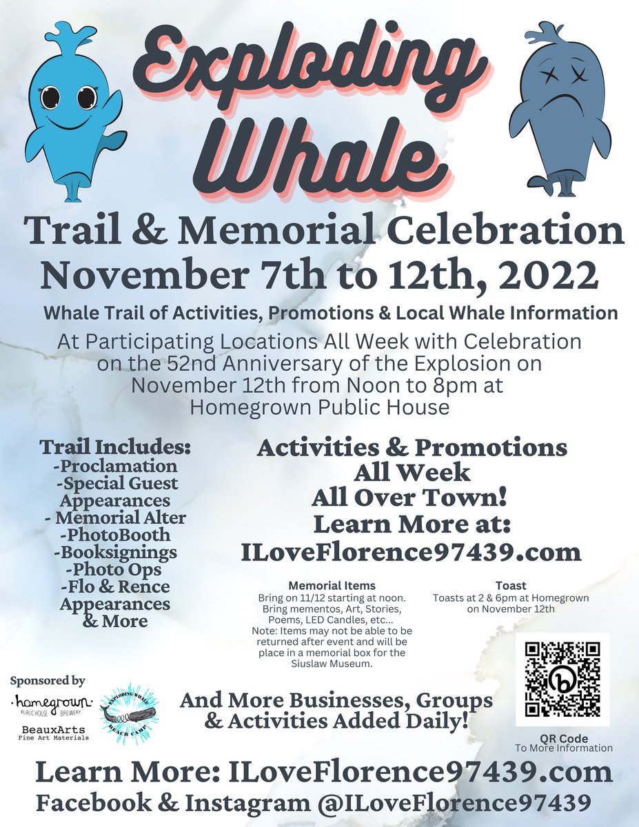 terabeyta's tweet image. Florence, Oregon; famous for their exploding whale, shall memorialize The Whale. Saturday Nov 12th is the day of a celebration. #whalegoboom2022 #explodingwhale #theexplodingwhale #florenceoregon #oregoncoast #iloveflorence97439 🐳💥🙌