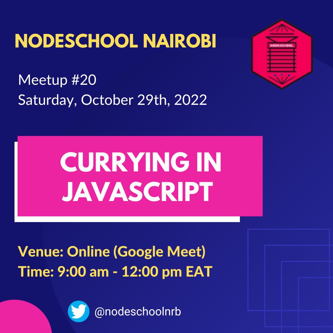 Our event is happening this weekend🥳🥳. We'll be looking at currying in JavaScript. A concept that goes hand in hand with Functional Programming. Don't forget to get you tickets at eventbrite.com/e/nodeschool-n…