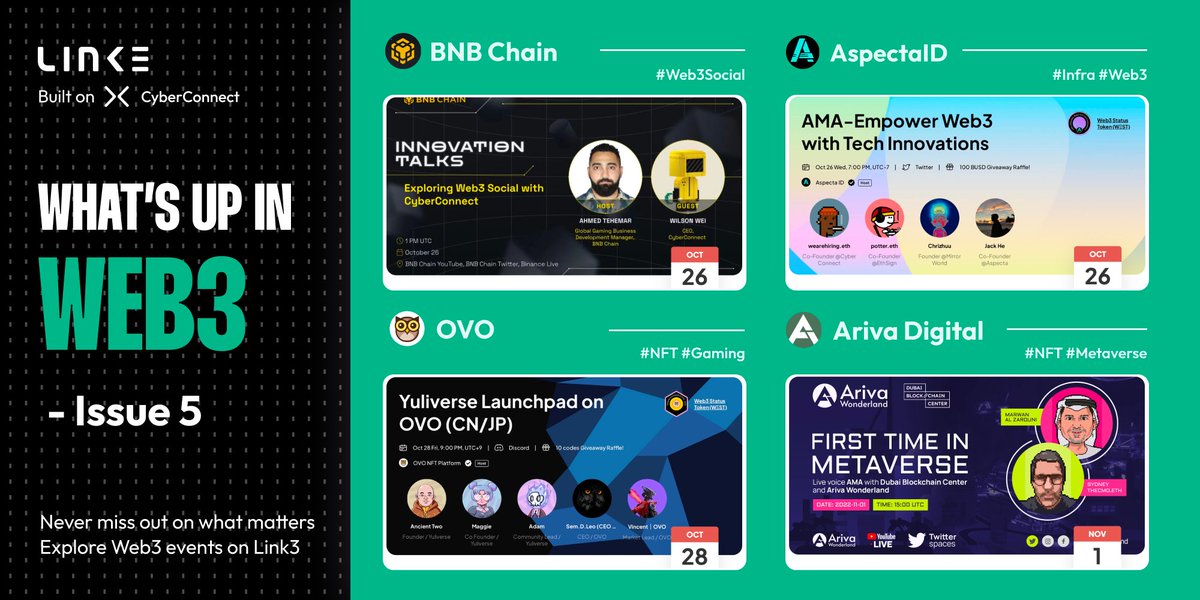 link3to's tweet photo. What's Up in Web3? #5

In this series, you can find next week’s most exciting events in Web3 🫡

Never miss out on what matters 🙌

Register for the events and rewards, and follow the projects, on Link3.

A thread 👇 https://t.co/NAEX8Cv3Iy