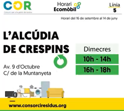 AjuntaAlcudiaCr's tweet image. ♻🚛 Recordem que hui, últim dimecres del mes, l&apos;ecoparc mòbil estarà a la MUNTANYETA.
🕙 De 10:00 a 14:00 hores i de 16:00 a 18:00 hores
@COR_Residus  #lalcudiadecrespins  #REDUEIX- #REUTILITZA-#RECICLA