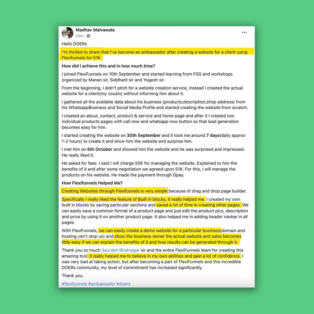 We Are Super Proud &amp; Happy To Announce That Mr. Madhav Malvawala  Has Become The New FlexiFunnels Ambassador By Generating Revenue Of Rs 51,000.
.
He Achieved This Feat By Creating A High-converting Website For His Client Using FlexiFunnels.

#flexifunnels #flexifunnelsambassador