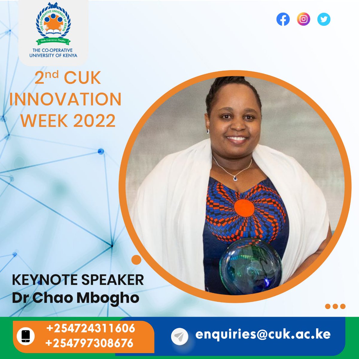 CoopVarsityKE's tweet photo. Dr. @chao_mbogho, Founder and CEO of @KamiLimu will giving a keynote address on "The Role of Innovation in Post COVID-19 Recovery: Challenges, Opportunities and the way forward" at the @CoopVarsityKE  2nd #CUKInnovationWeek2022

@Prof_IKNyamongo @maiyosilas https://t.co/sD0TGRCFTc