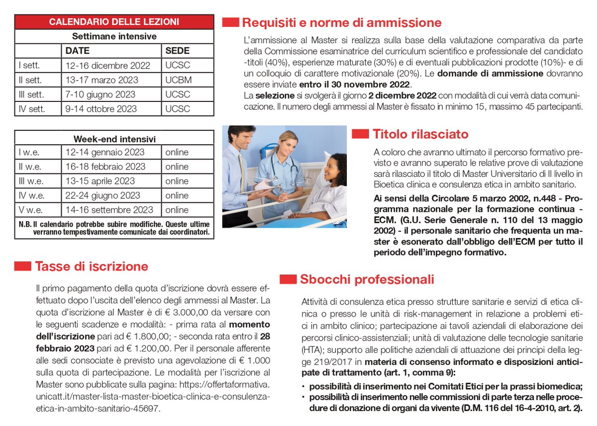 GibceC's tweet photo. Iscrizioni aperte fino al 30 novembre 2022 per il #Master in BIOETICA CLINICA E CONSULENZA ETICA IN AMBITO SANITARIO promosso dall'Università Cattolica del Sacro Cuore e dall'Università Campus Bio-medico https://t.co/2tY3BHOvsk