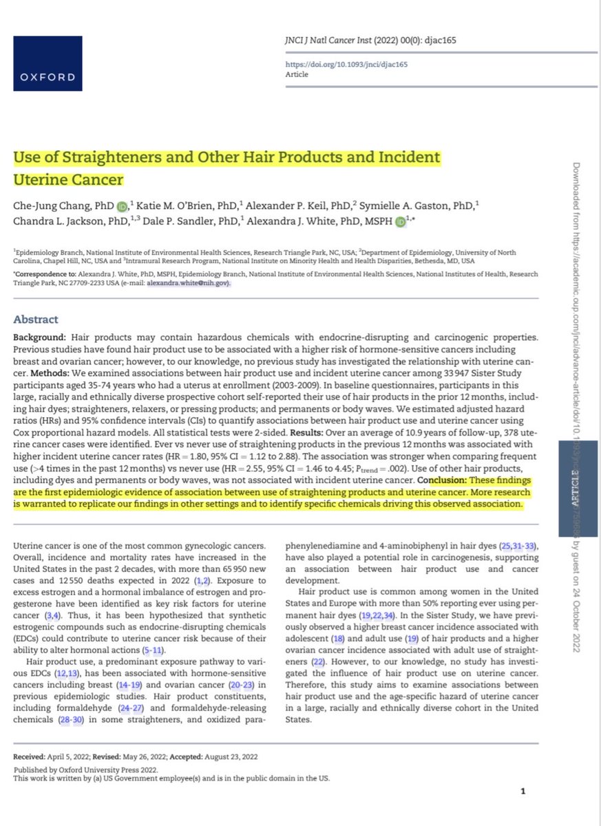 LeslieMegom's tweet photo. 🆕️Primera evidencia epidemiológica  asociación entre el uso de productos para alisar el cabello y el cáncer de útero🚨. riesgo 4 veces +(>4 veces en los últimos 12 meses)
JNCI: Journal of the National Cancer Institute, Oxford.
https://t.co/KA1ejRB3uh

https://t.co/PZBEfPyY9C https://t.co/60gsODyMt8