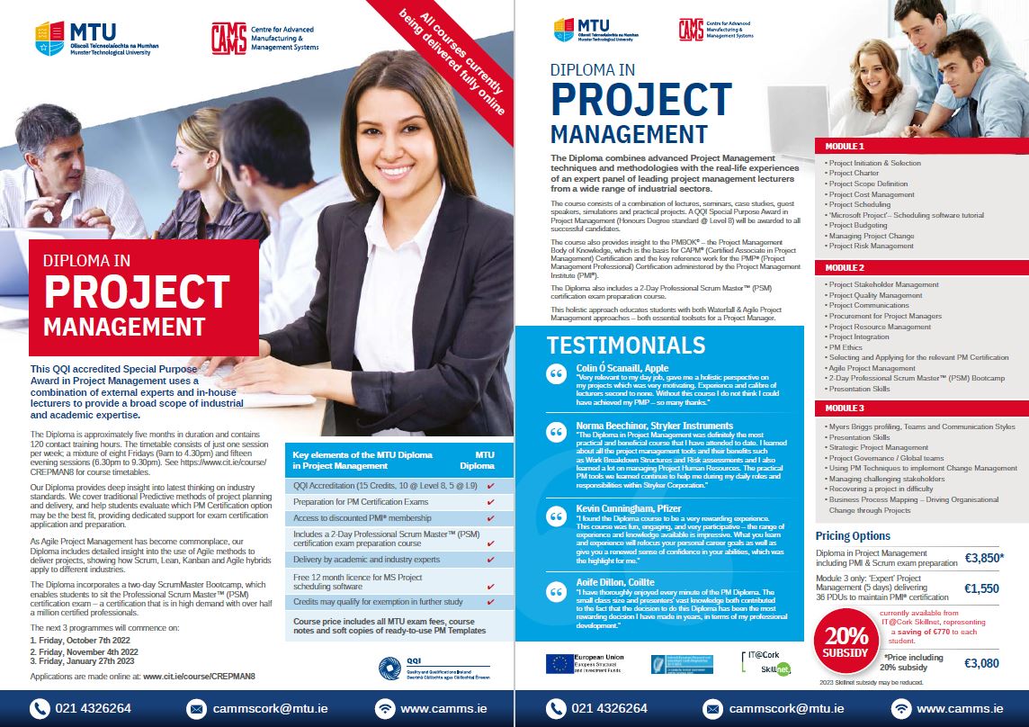 Tech Industry Alliance (@tech_in_all) on Twitter photo Get your Diploma in Project Management with Munster Technological University (includes the Professional Scrum Master bootcamp). Starts Nov. 4. Subsidised rates for all members through it@cork Skillnet, two places left. Contact: cammscork@mtu.ie Get your Diploma in Project Management with Munster Technological University (includes the Professional Scrum Master bootcamp). Starts Nov. 4. Subsidised rates for all members through it@cork Skillnet, two places left. Contact: cammscork@mtu.ie