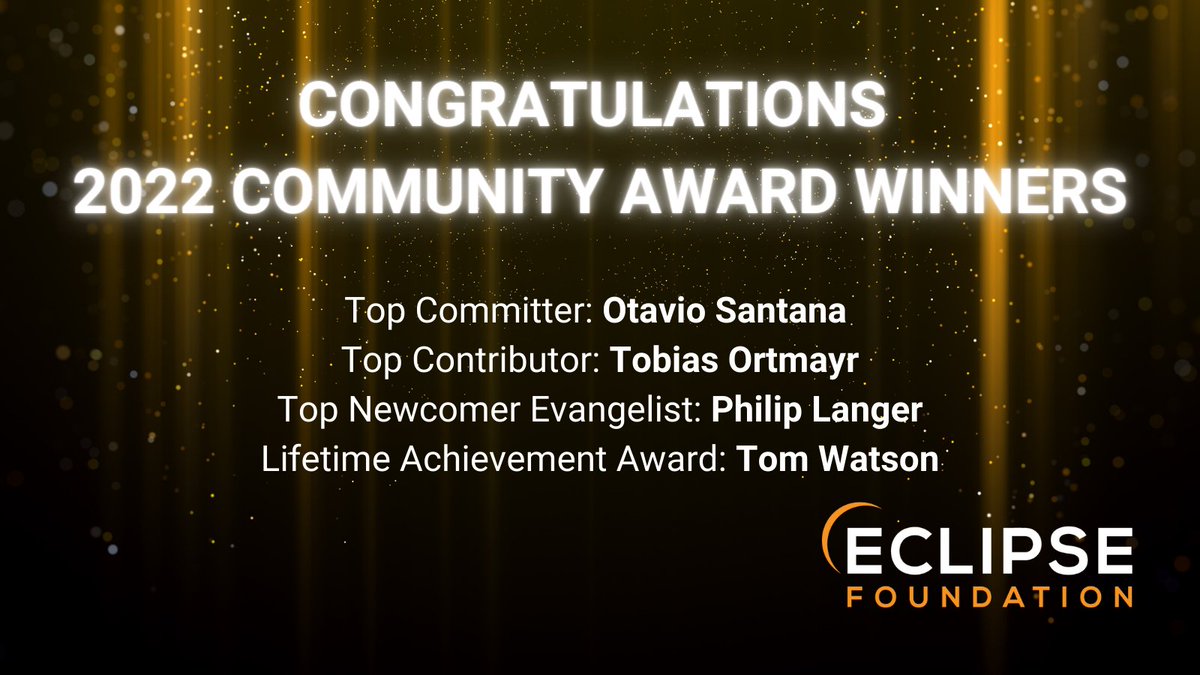 Congratulations to our 2022 Community Award winners: <a href="/otaviojava/">Otavio Santana</a>, Tobias Ortmayr, <a href="/PhilChip23/">Philip Langer</a> and <a href="/TomWatson5150/">Thomas Watson</a> #communityiskey