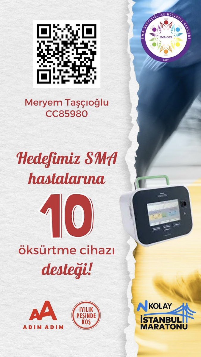 6 Kasım İstanbul Maratonu’nda SMA’lı çocuklara rahat bir nefes için koşuyoruz .Bağış kampanyama destek vermek isterseniz QR kodu veya eklemiş olduğum linki kullanabilirsiniz. ipk.adimadim.org/kampanya/CC859…

EFT/Havale yaparken açıklama bölümüne CC85980 kodunu yazmanız gereklidir.😊🙏