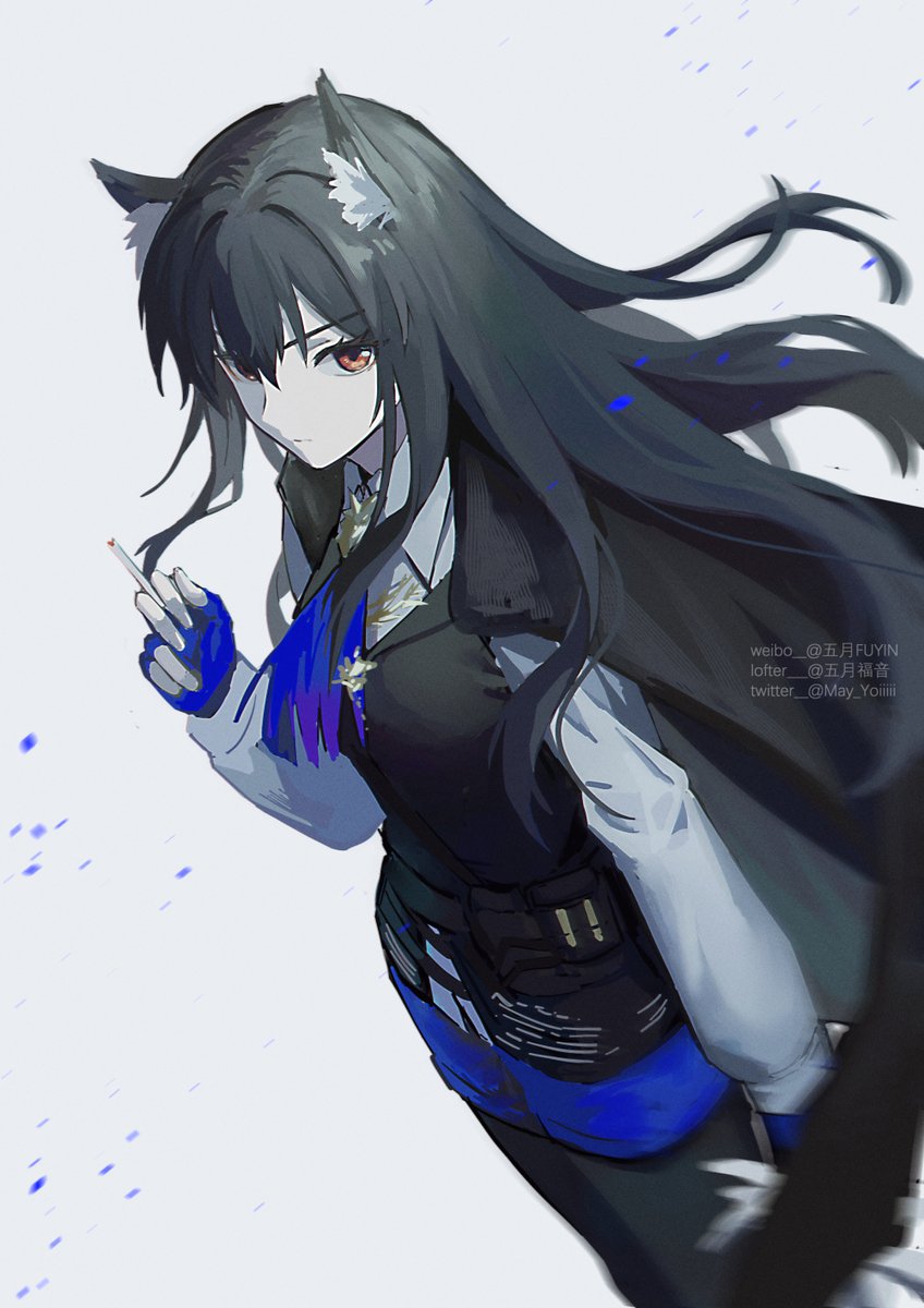 texas (arknights) 1girl solo animal ears black hair long hair looking at viewer simple background  illustration images