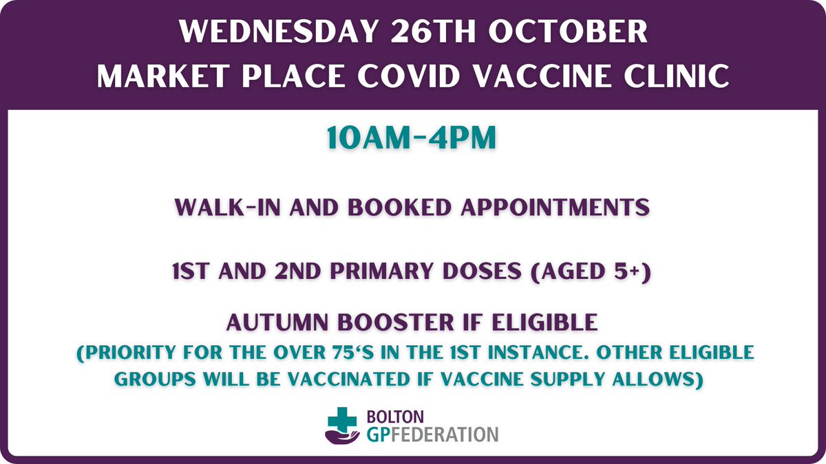 Our Market Place COVID vaccine clinic is open today from 10am-4pm.

✅ Walk in &amp; booked appointments
✅1st &amp; 2nd primary doses (ages 5+)
✅Autumn Booster for those eligible (Priority is aged 75+ in the first instance but other eligible groups may be vaccinated if supply allows)