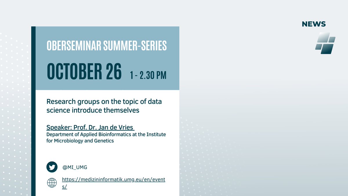 Oberseminar Summer-Series #MI_UMG: Don´t miss the lecture by Jan de Vries, Department of Applied Bioinformatics at the Institute for Microbiology and Genetics 

Dial-in data on our website: medizininformatik.umg.eu/en/events/