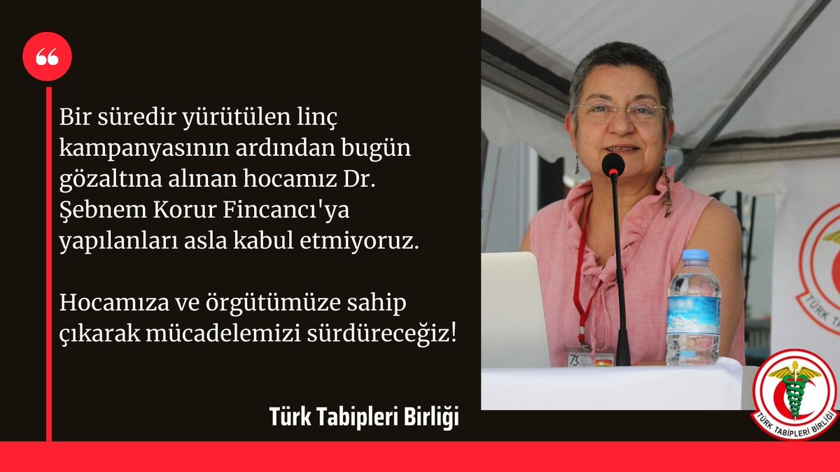 Bir süredir yürütülen linç kampanyasının ardından bugün gözaltına alınan hocamız Dr. Şebnem Korur Fincancı'ya yapılanları asla kabul etmiyoruz. Hocamıza ve örgütümüze sahip çıkarak mücadelemizi sürdüreceğiz!