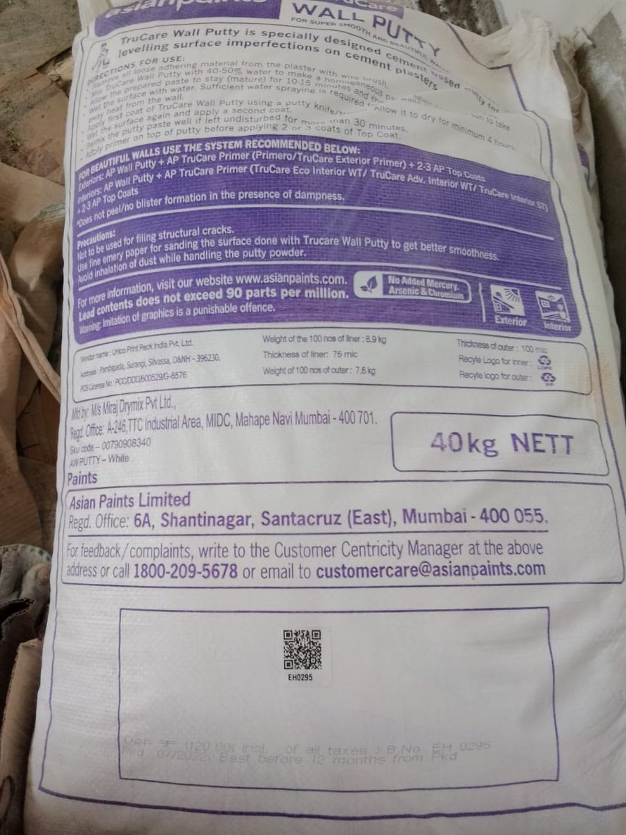 RonnyBhowm8's tweet photo. @asianpaints Hello,Can you please certify this putty bag whether it is genuine or not? As no manufacturer data is attached on the price tag place below.Waiting for your valuable feedback kindly. https://t.co/NEfxfGqE1k