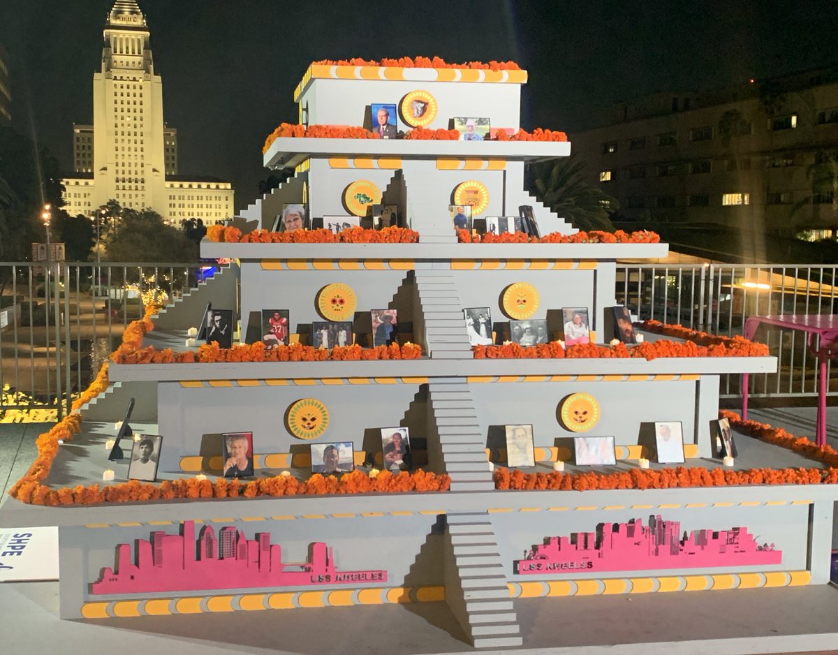 Broadcast_Bev's tweet photo. A simply stunning #Diadelosmuertos display is taking shape in @GrandPark_LA If you can, see it after dark! #respect & #RIP #DTLA #nbc4you https://t.co/aRUUWsM7Vf