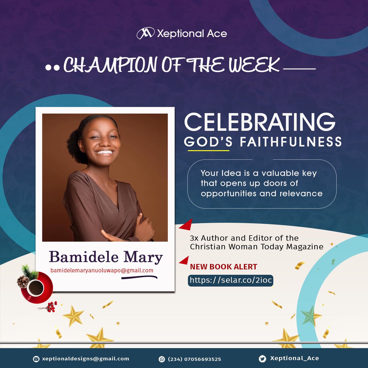 Xeptional_Ace's tweet photo. Celebrating people who have painstakingly followed through certain processes to Achieve success is what we do.
We present Miss Bamidele Mary as our online Champion. @marybamidele_
Get her latest book here🥰🥰🥰
https://t.co/u1FJqD19dE
#XeptionalAce https://t.co/8ebLtnzhpZ