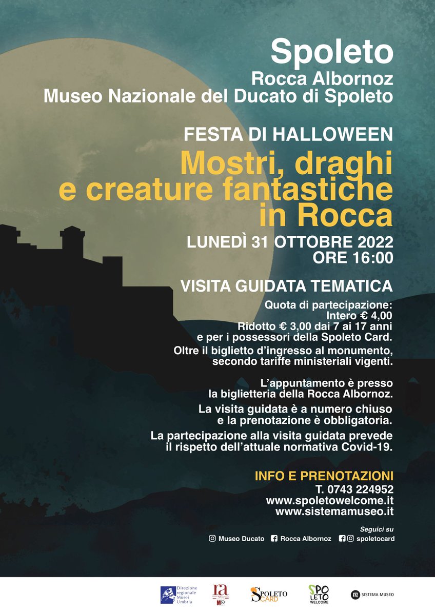 SpoletoCard's tweet photo. Un #Halloween speciale quest'anno alla Rocca Albornoz di #spoleto , dove è in programma una visita guidata dedicata a "Mostri, draghi e creature  fantastiche in Rocca"!
Lunedì 31 ottobre, ore 16.00
Info e prenotazioni: 0743.224952 https://t.co/WHqm9IyuNQ