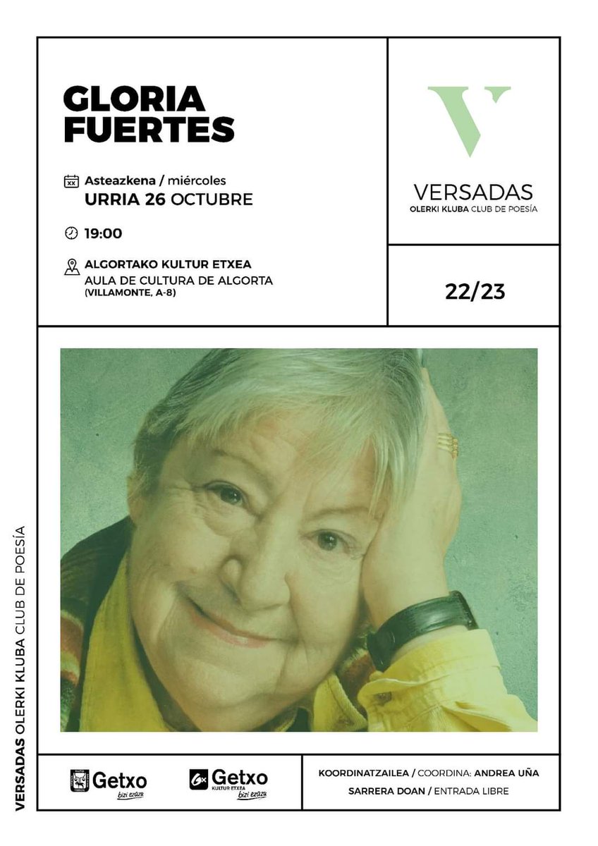 mirenepalacios's tweet photo. #Estoeshoy #Hoy tenemos una buena ocasión para disfrutar de la obra de Gloria Fuertes. A las 19:00 horas  en el aula de cultura de Algorta. Declamaremos poesía de Gloria y  también propia.
¡Os esperamos!
#Getxo #Algorta #versadas #poesia #poetry #poetrycommunity #MirenEPalacios https://t.co/HeIIsSwTfw