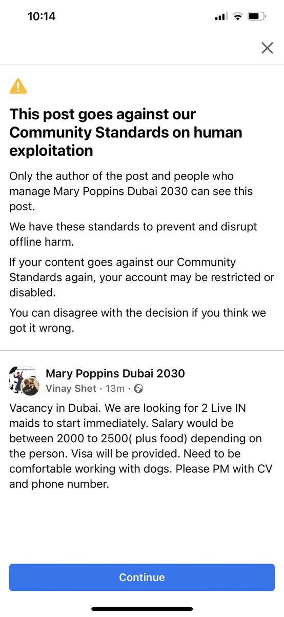 vinayshet's tweet photo. My FB account keeps getting disabled. On certain groups I’ve put out hiring posts. These groups are meant to hire maids in Dubai. Can anyone help me reach out to FB and figure out why?? https://t.co/JElhRLWVwk