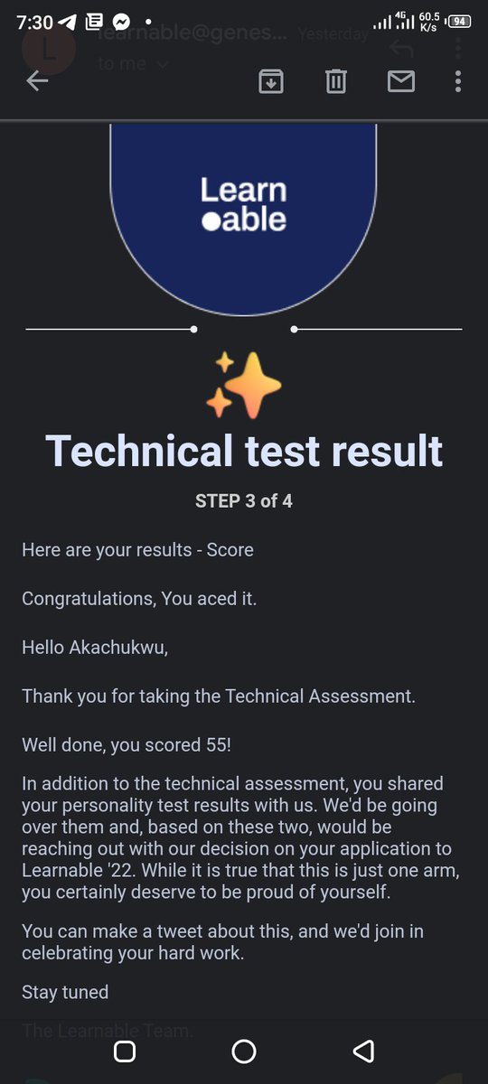 Prince_Akachi's tweet image. Finally got my #Learnable technical test score. 
Can&apos;t wait to do more. 
Unto the next step.
さあ行こう 💪🏽 @_learnable