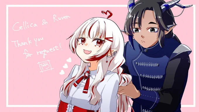 skebリクエストいただきました〜V同士のカップル?なお二人を描かせていただきました!髪を結んであげるってシチュはお互いの親愛を感じられて良いんですよ#Skeb 