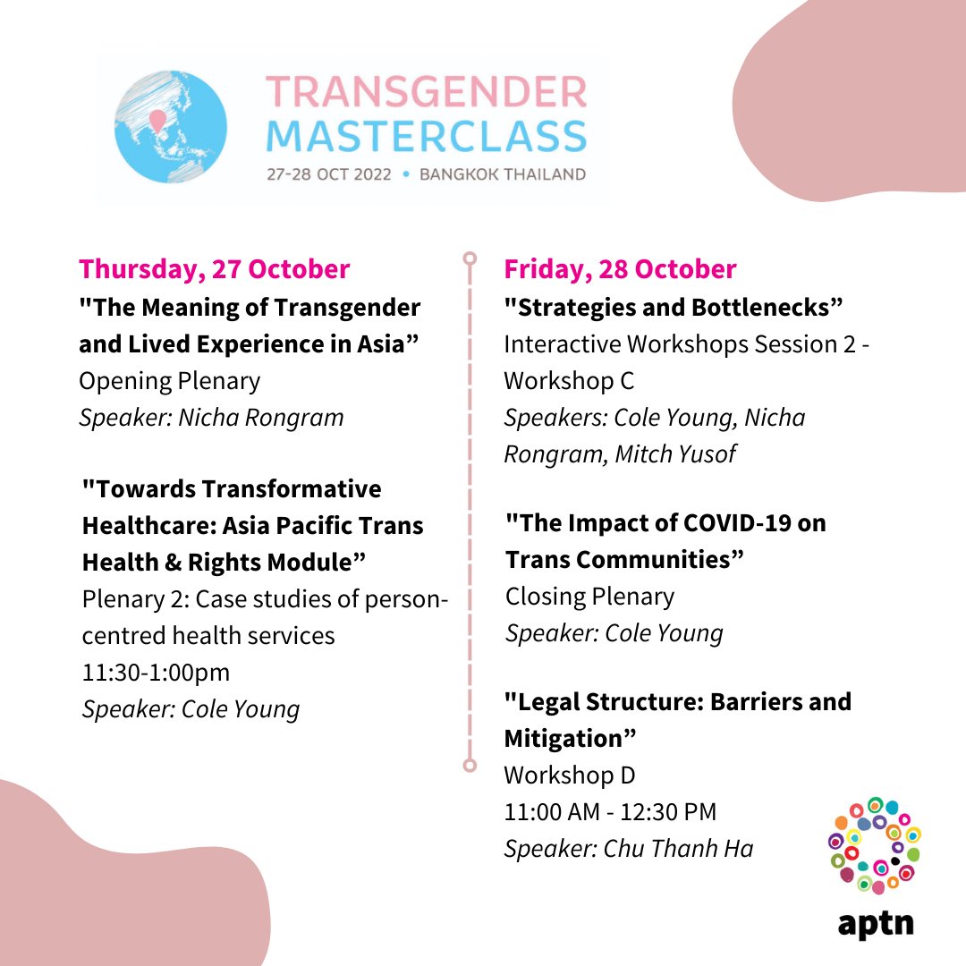 WeAreAPTN's tweet photo. [EVENT] APTN in Transgender Masterclass Bangkok
Transgender Masterclass is an inaugural platform for knowledge exchange and sharing of best practices in trans-competent care. See the photo for details.

More: https://t.co/29j3Q3V620
 
#TransgenderMasterclass #Event #APTNSessions https://t.co/wLETh2xFsv