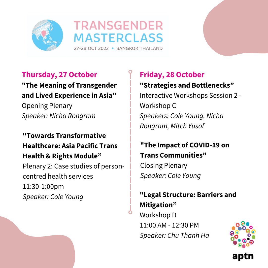 [EVENT] APTN in Transgender Masterclass Bangkok Transgender Masterclass is an inaugural platform for knowledge exchange and sharing of best practices in trans-competent care. See the photo for details. More: transgendermasterclass.com.au #TransgenderMasterclass #Event #APTNSessions