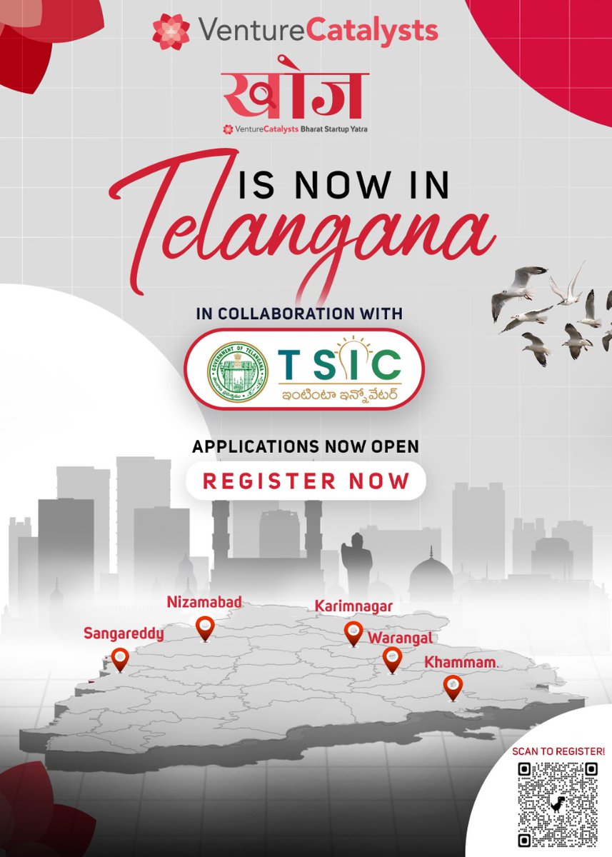 Khoj, an initiative by <a href="/vcatsindia/">Venture Catalysts++</a> to support #startups from Tier II &amp; III through funding &amp; other mechanisms, is coming to #Telangana.

Startups from Sangareddy can apply now &amp; grab the opportunity to pitch at <a href="/Woxsen/">Woxsen University</a>.

Apply at bit.ly/3svJKul
<a href="/KTRTRS/">#RAMpage</a> <a href="/DrShantaThoutam/">Dr. Shanta Thoutam</a>