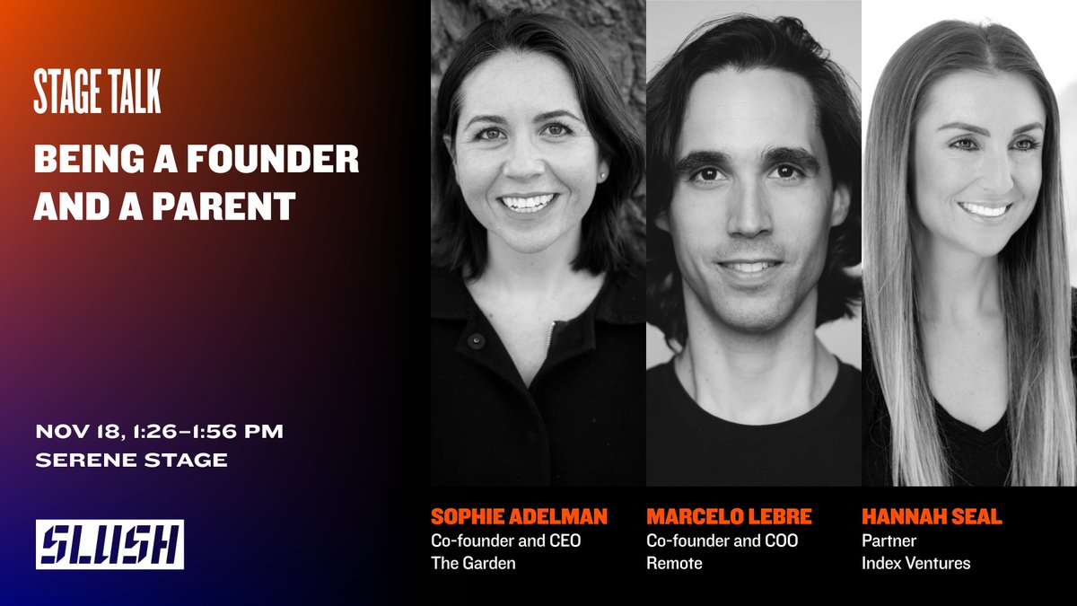 How do you combine being a founder and a parent? Two parents and founders, @OneGardenHQ's Co-founder and CEO Sophie Adelman, @Adelbadge, and @remote's Co-founder and COO Marcelo Lebre, @marcelo_lebre, will be joined on the stage by @IndexVentures' Partner @HannahLSeal.