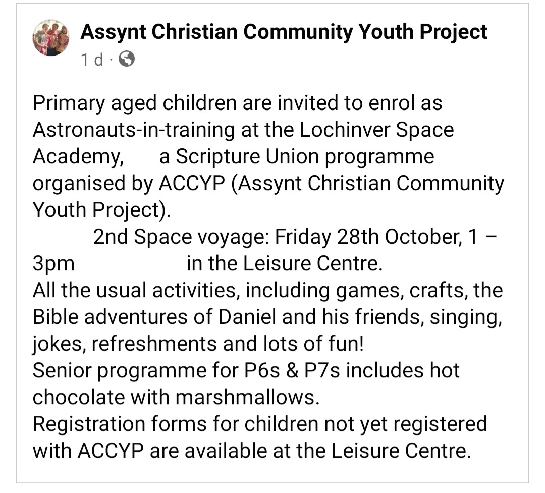 Assynt Christian Community Youth Project.
Activities for primary school aged children this Friday 28th October.
Registration forms available at the Leisure Centre in #Lochinver.