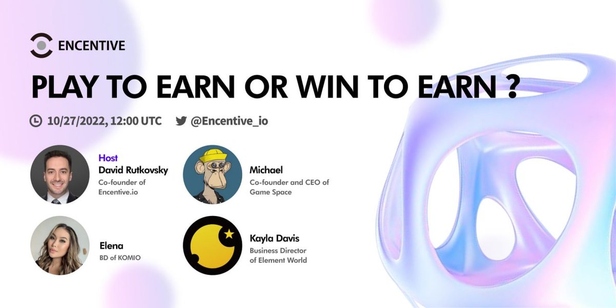 📣Let's talk with <a href="/Gamespace_NFTs/">GameSpace</a>，<a href="/TW_ElementWorld/">Element World</a>,@komio_xyz
 
🌟Theme:Play to earn or win to earn ？

⏰12:00 AM UTC+0, Oct 27 

📍x.com/i/spaces/1dRJZ…

🎁An exclusive #NFT: Encentive OG NFT x 10

👉RT &amp; LIKE &amp; Tag 3 Friends