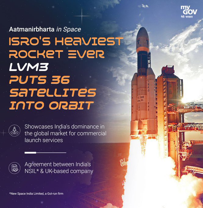 hcikl's tweet photo. India's #Aatmanirbhar space tech reaching for the stars💫

ISRO with it's LVM3 launch vehicle sent 36 satellites into the orbit! Once again proving, even sky is not the limit for #NewIndia's technological prowess.

@bernamadotcom @staronline @NST_Online @IndiaDST @isro https://t.co/ERy6qvGZj4