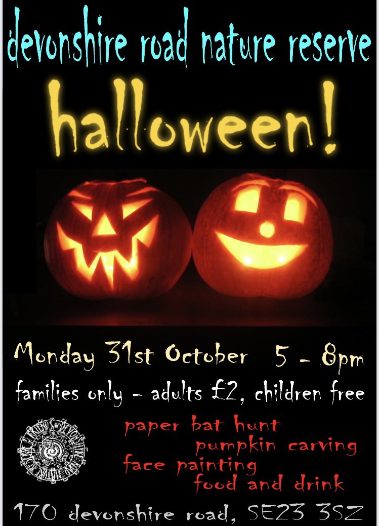 DevonshireRoadN's tweet photo. Don’t miss out on our truly unique Halloween experience.

Enjoy a magical atmosphere, refreshments and activities in our community nature garden.

A Halloween the family won’t forget.

#se23 #foresthill #Halloween #familyfun #london #whatsonlondon https://t.co/3qz02QDZXA