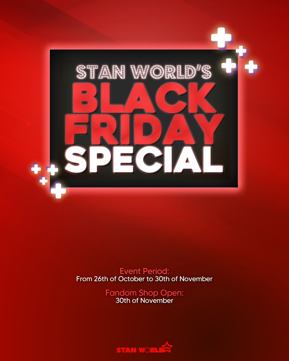 [EVENT START 🛍️🏷️]

Hey, Stanners! Stan World's Black Friday Special Event has officially started! 🎀

We're offering discounts on Fandom Shop products for this event! It's your last chance in 2022 to redeem gifts for your Stars! 

Let's go, Stanners!🛍️

#StanWorld #SWBlackFriday