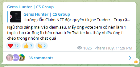 Hôm qua có làm 1 topic trên Telegram tham khảo anh em về vụ chéo nhau này nên nay quyết định mở: t.me/CSGemsHunter_c…

Ae 💜 + Retweet Post này và comment xuống bên dưới để mọi người cùng follow chéo cho nhau vừa để tiện theo dõi và giúp đỡ nhau làm Ref nhé.