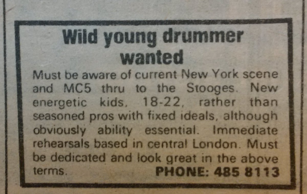 Melody Maker, 6 Dec 1975. Ad leading Chris Millar – Rat Scabies – to the London SS & Brian James, & next year their co-founding @thedamned. Bernard Rhodes’ phone no. More on this in my @OmnibusPress book Smashing It Up: A Decade Of Chaos With The Damned: omnibuspress.com/products/smash…