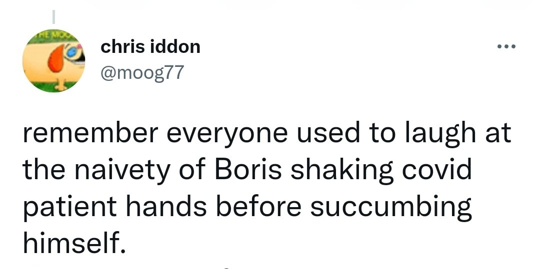 mishwoz's tweet photo. We will remember 25 Oct 2022
UK in turmoil
A change in PM & cabinet members
A TWEET sent
'everyone used to laugh at the naivety of Boris shaking covid patient hands before succumbing himself'
DUE TO INHALATION!
MASKLESS fearless #MassInfection
WORLD BEATING
#TheVulnerable https://t.co/Ei9CIr4L8e