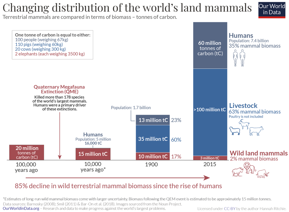 _HannahRitchie's tweet photo. Wild mammal biomass has declined by around 85% over the last 100,000 years.

But total mammal biomass has grown a lot from humans and our livestock. Most of this follows the industrial revolution.

https://t.co/5hdH98omyz https://t.co/DAKivQPQmy