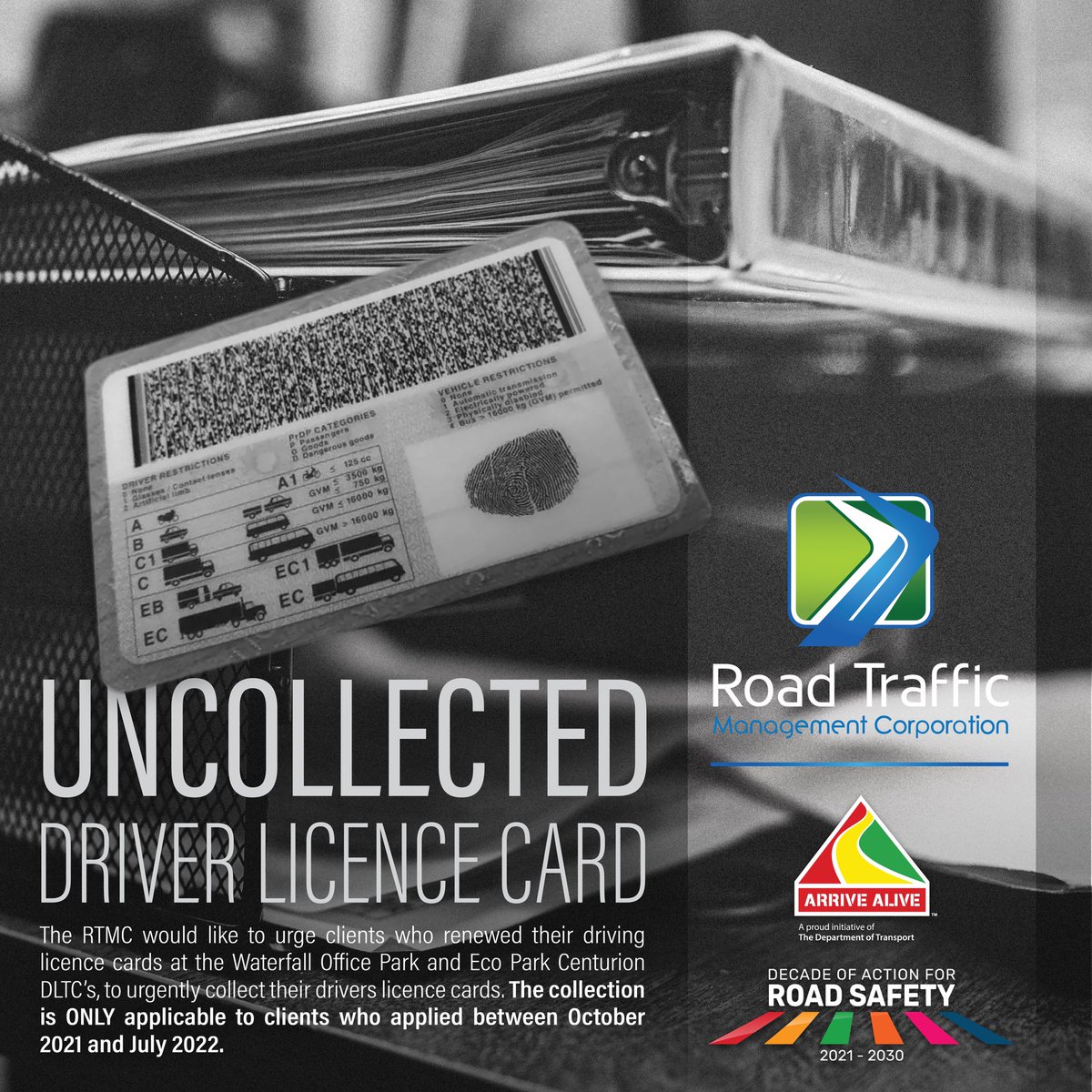 TrafficRTMC's tweet photo. RTMC would like to urge clients who renewed their driving licence cards at Waterfall and Eco Park #DLTCs between Oct 2021 &amp; July 2022 to #Collect their driving licence cards. 🪪🪪🪪❗️ https://t.co/Y3CltJZyrs